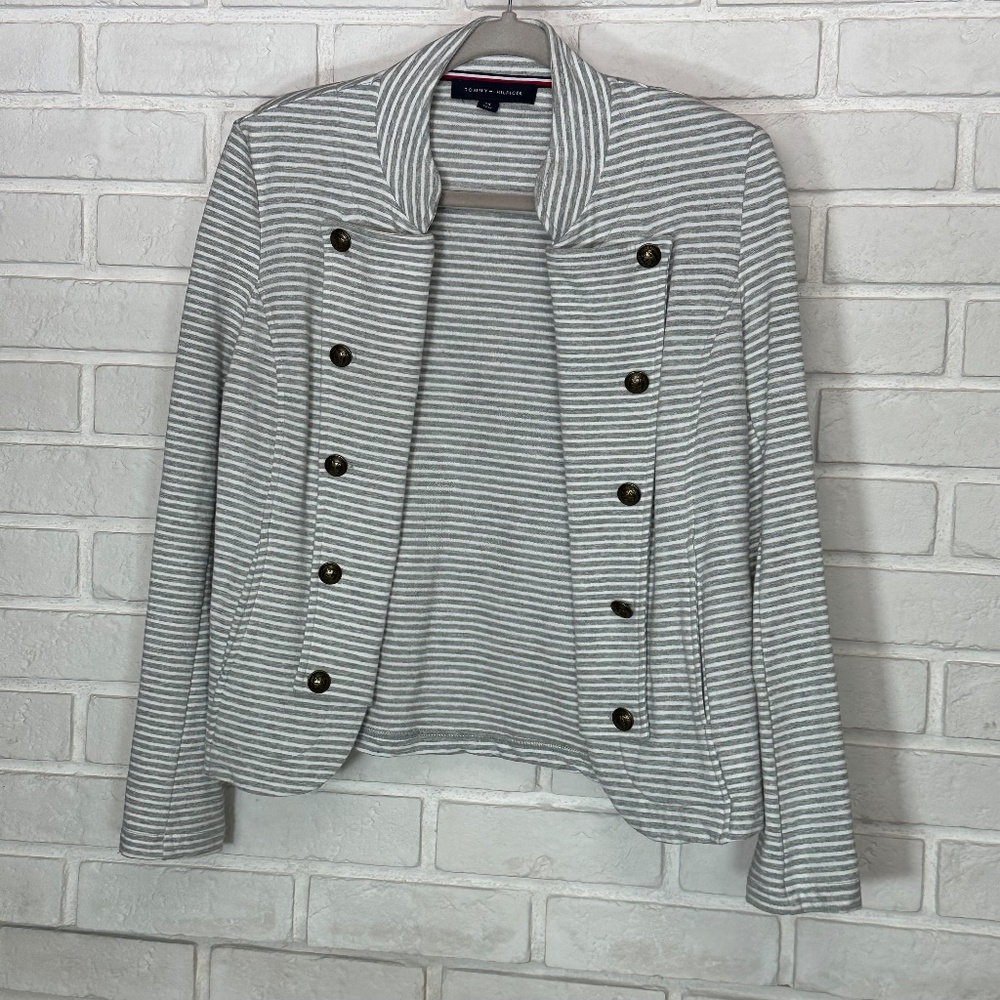 Tommy Hilfiger Soft and Stretchy Grey Stripe Military-Style Blazer Jacket Small